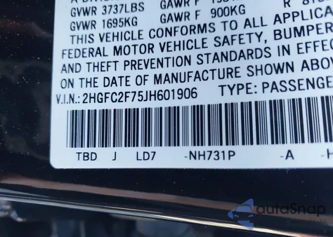 2018 Honda Civic Ex z USA, uszkodzony, nr VIN 2HGFC2F75JH601906